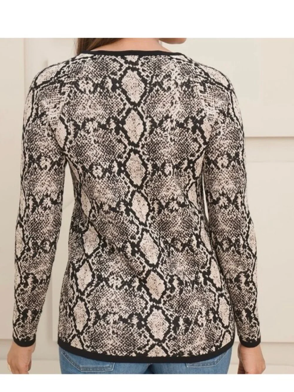 Chico’s Python Print Tie Neck Double Espresso Sweater-NWT